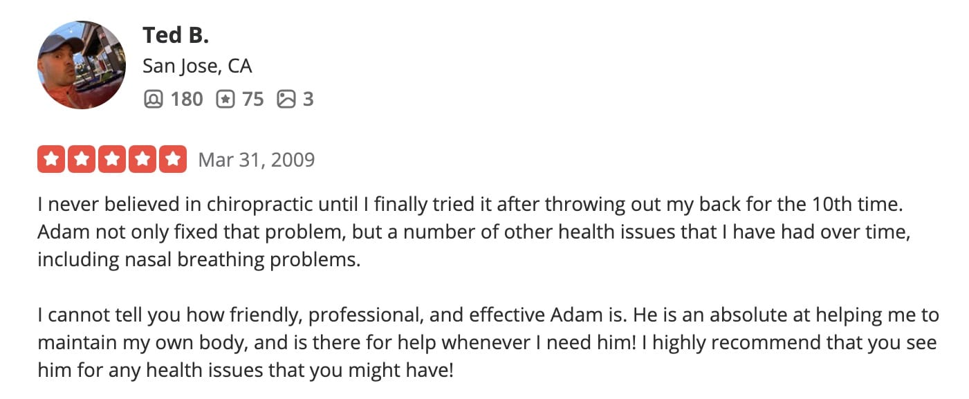 Back pain testimonial for Dr Adam Fields