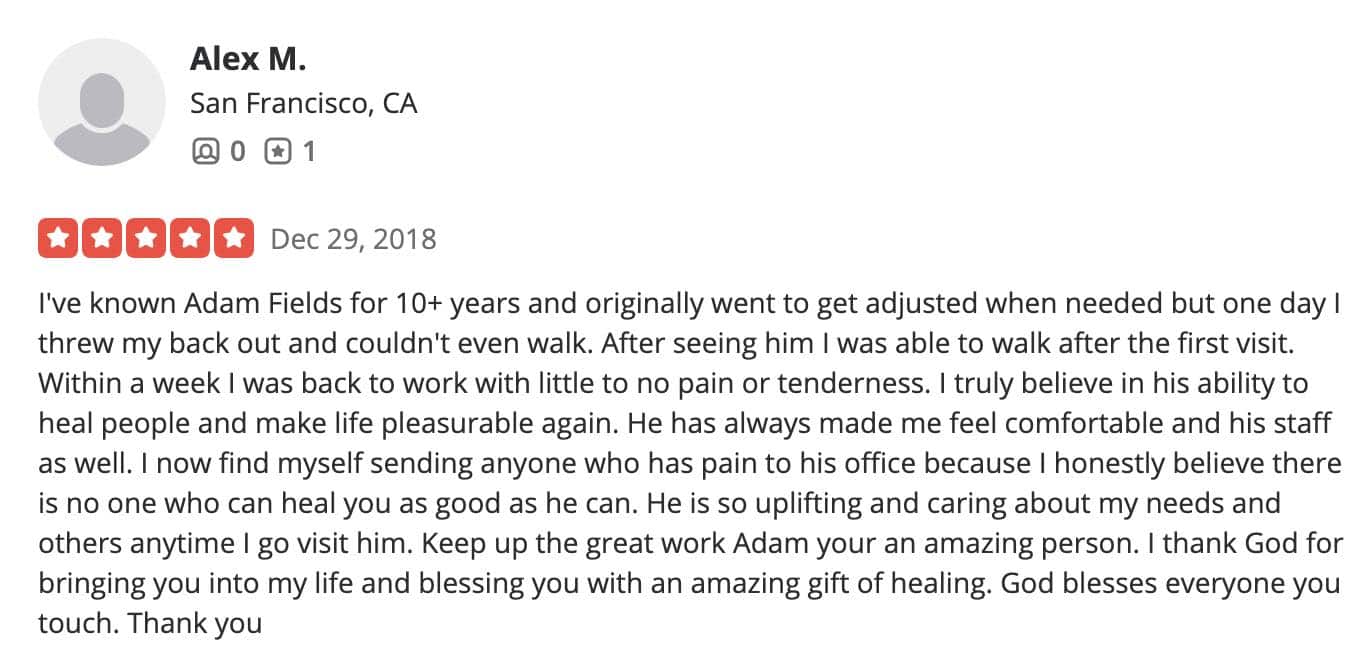 Low back pain testimonial for Dr Adam Fields