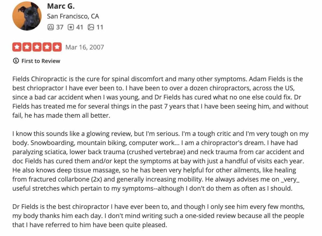 Low back pain testimonial for Dr Adam Fields