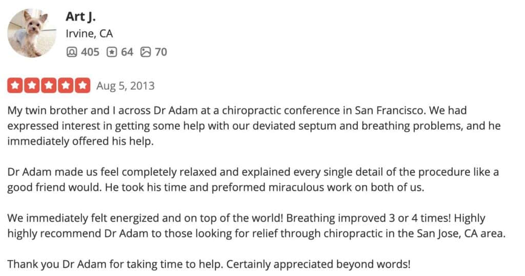 Nasal blockage and breath recovery testimonial for Dr Adam Fields