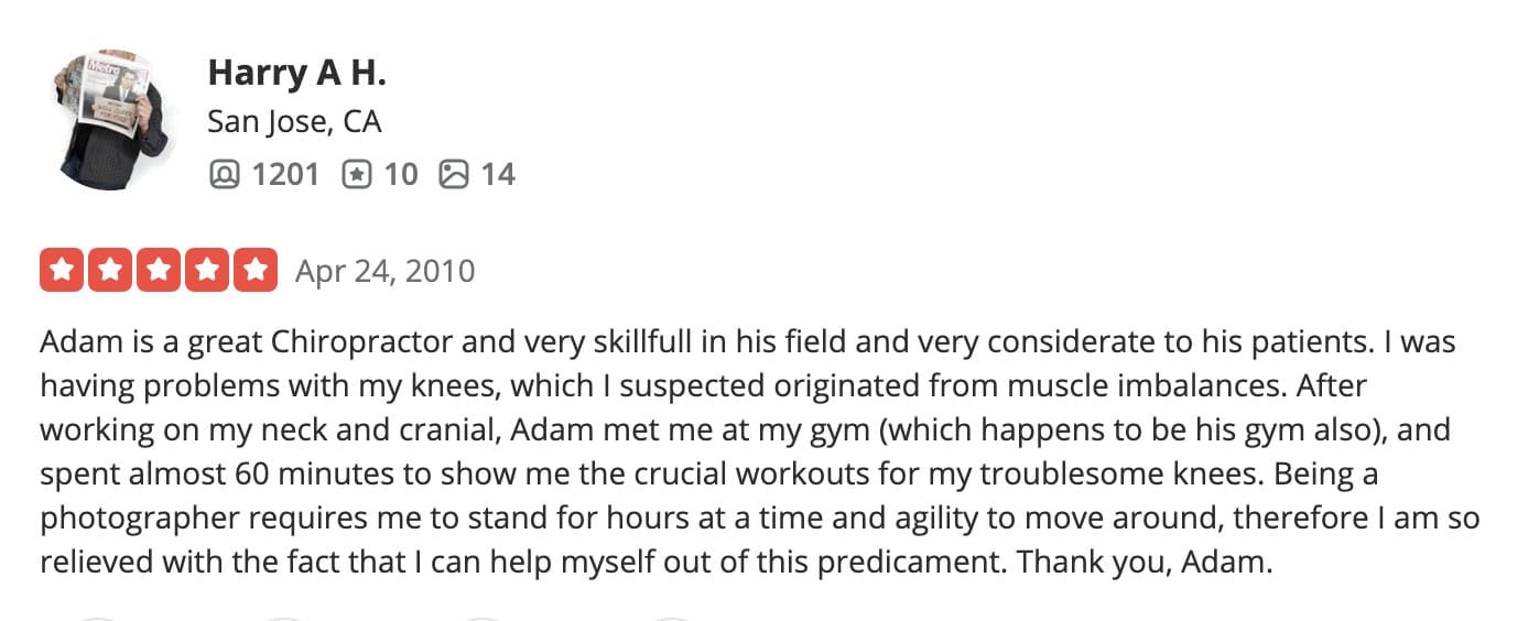 Knee pain recovery testimonial for Dr Adam Fields