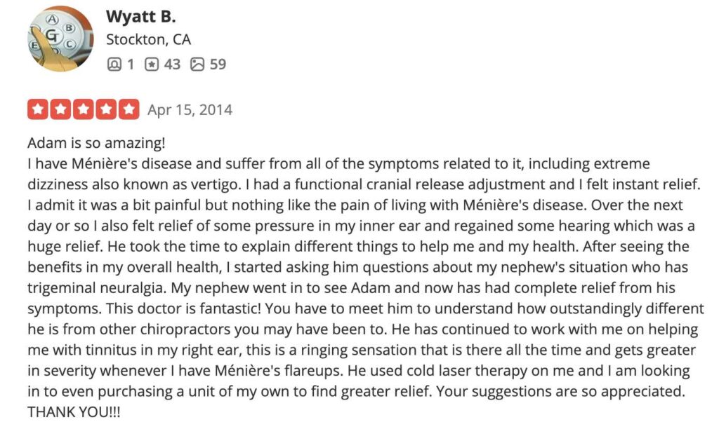 Meniere's disease testimonial for Dr Adam Fields