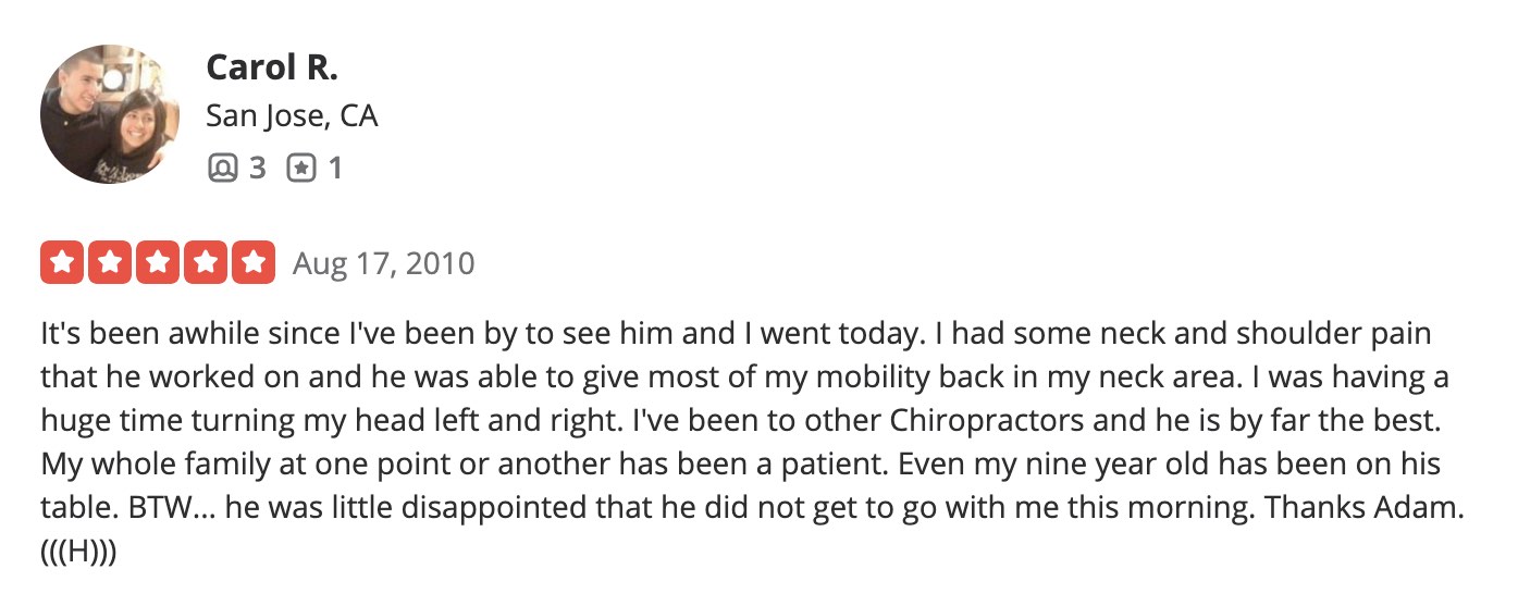 Neck and shoulder recovery testimonial for Dr Adam Fields