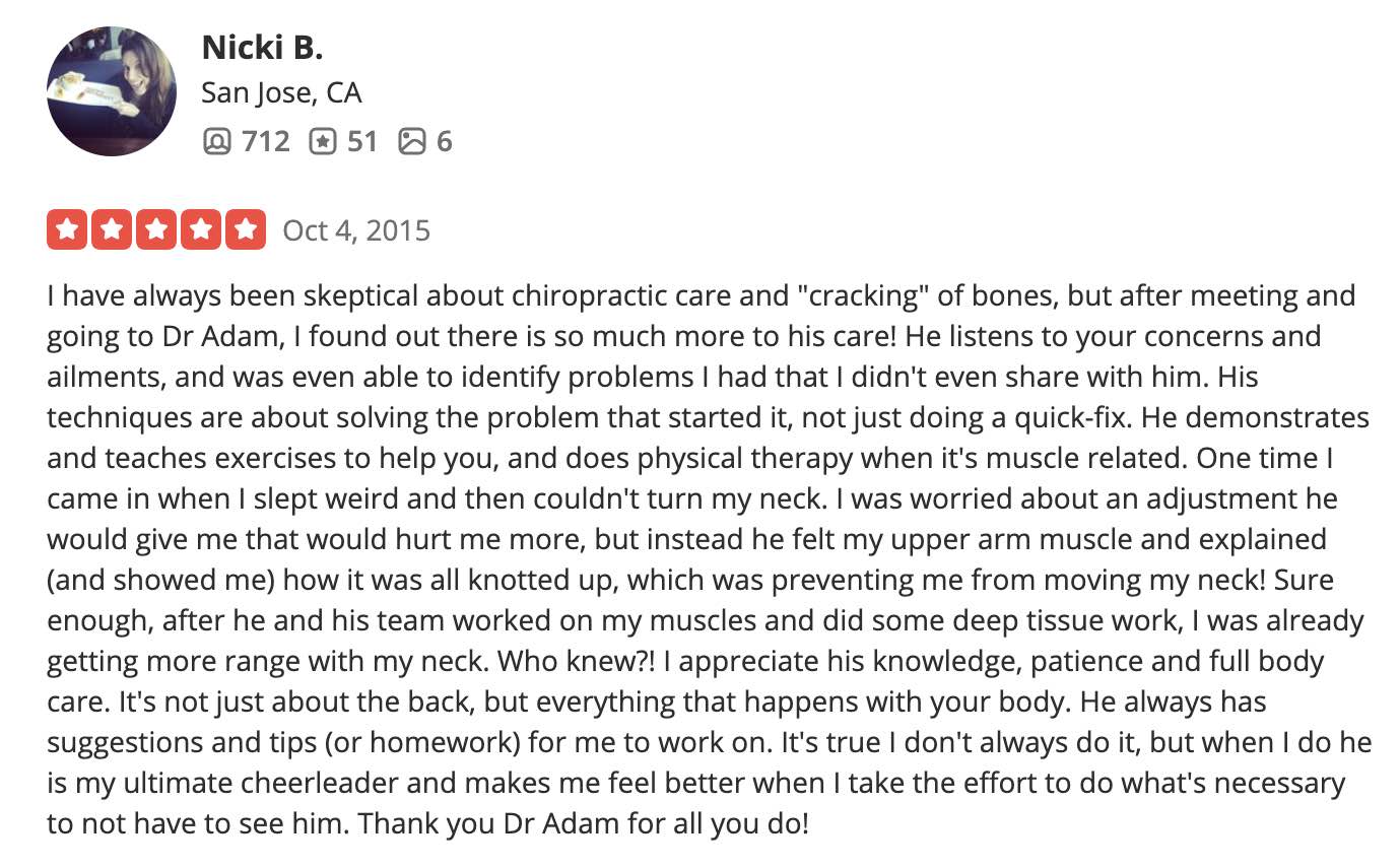 Neck recovery testimonial for Dr Adam Fields