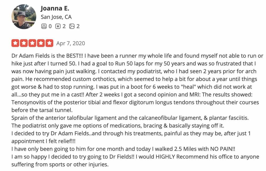 Leg pain and plantar fasciitis testimonial for Dr Adam Fields