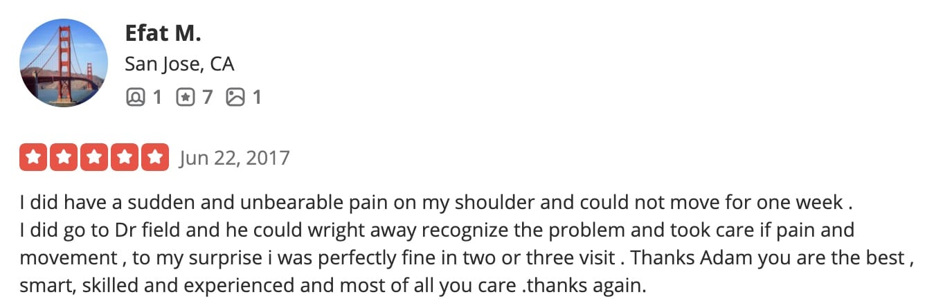 Low back pain testimonial for Dr Adam Fields