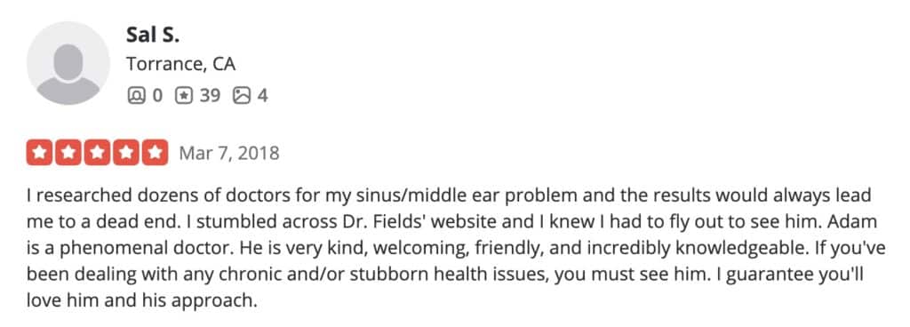 Sinus and ear relief testimonial for Dr Adam Fields