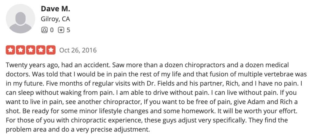 Spinal recovery testimonial for Dr Adam Fields 